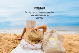 A person relaxes on the beach with a book, promoting a sweepstakes for a trip to Hawaii and curated book selections.