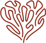 A stylized, abstract design featuring a heart shape, composed of flowing, intertwining lines in a rich red hue.