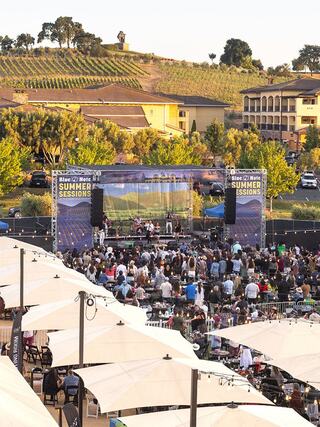 A large crowd enjoys a summer concert outdoors, with a stage framed by vineyards and a stylish venue under a clear sky overlooking vineyards.