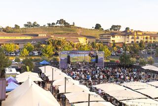 A vibrant outdoor event features a large crowd enjoying live music amidst scenic vineyards and surrounding buildings. Tents provide shade.