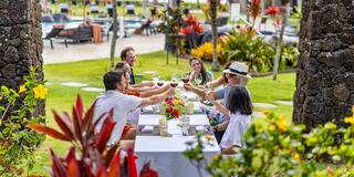 A group of elegantly dressed individuals toasts with champagne flutes, celebrating joyfully amidst a vineyard setting.