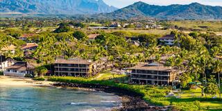 Tropical beachfront resort nestled among lush greenery and mountains, featuring palm trees, calm waters, and inviting outdoor spaces.