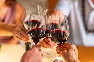 Clinking glasses of red wine among friends, celebrating togetherness and joy in a warm setting.