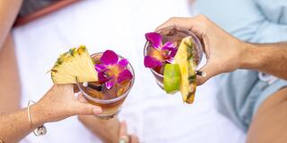 Two hands hold tropical cocktails adorned with orchids and fruit garnishes, celebrating a moment of relaxation and enjoyment.