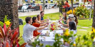 A group of friends toasts at a festive outdoor table surrounded by lush greenery and vibrant flowers, enjoying a celebratory meal.