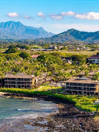 A serene coastal scene features lush greenery, palm trees, and mountains in the background, complemented by charming beachfront buildings.