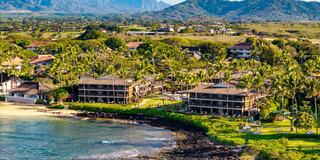 Tropical beachfront setting featuring palm trees, cozy resorts, and lush greenery against a backdrop of mountains and clear blue water.