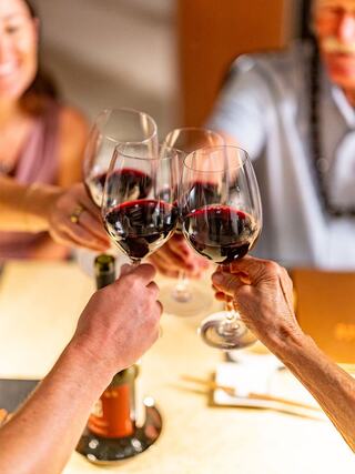 Four hands clink glasses of red wine in a toast, with a bottle and menus on a table, capturing a moment of celebration and camaraderie.