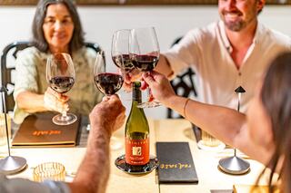 A joyful gathering features friends toasting with red wine glasses, celebrating together at a elegantly set table with menus.
