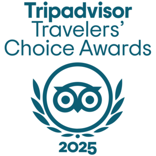 Logo featuring the Tripadvisor owl, highlighting the Travelers' Choice Awards for 2025, framed by a laurel wreath.