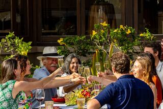 A joyful outdoor gathering with friends, raising glasses in celebration amid vibrant flowers and a festive atmosphere.