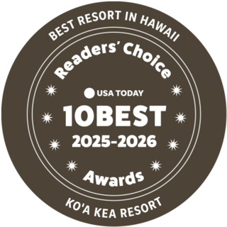 Award badge highlighting Ko'a Kea Resort as the 6th Best Resort in Hawaii in USA Today's 10Best Readers' Choice Awards for 2025.