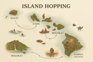 A colorful map highlights the Hawaiian Islands: Kaua'i, O'ahu, Moloka'i, and Hawai'i (Big Island), showcasing activities and landscapes.