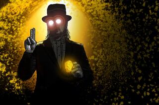 A mysterious figure in a suit and top hat holds a glowing golden object, illuminated against a shimmering yellow background.