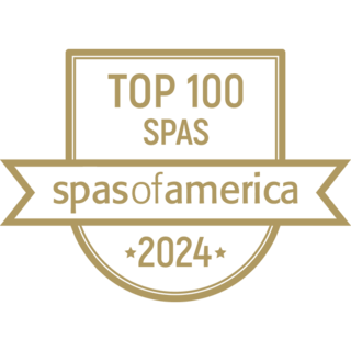 A gold badge featuring "TOP 100 SPAS," "spasofamerica," and "2024," highlighting a prestigious ranking for spa services.
