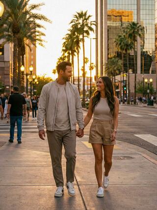 A couple strolls hand in hand on a bustling street lined with palm trees, enjoying a sunset glow and lively atmosphere.