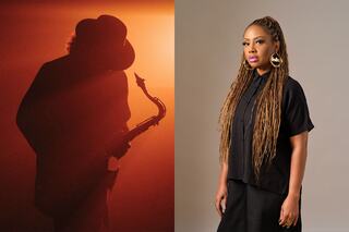 A shadowy figure plays the saxophone in warm hues, contrasting with a poised woman sporting long braids, dressed in black.